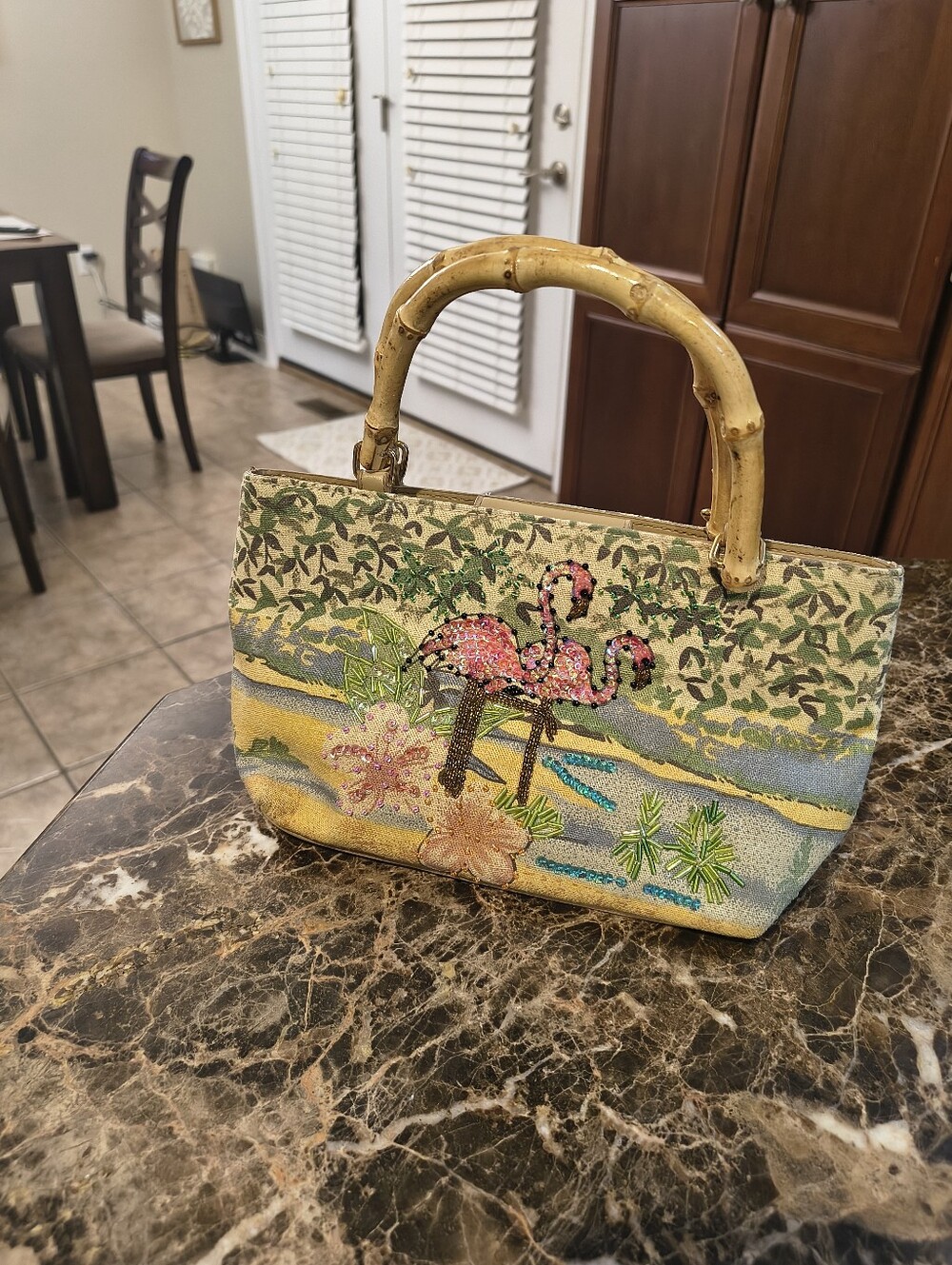 Beaded Flamingo Bamboo-Handle Tote Bag - Pink & Tan Marlo